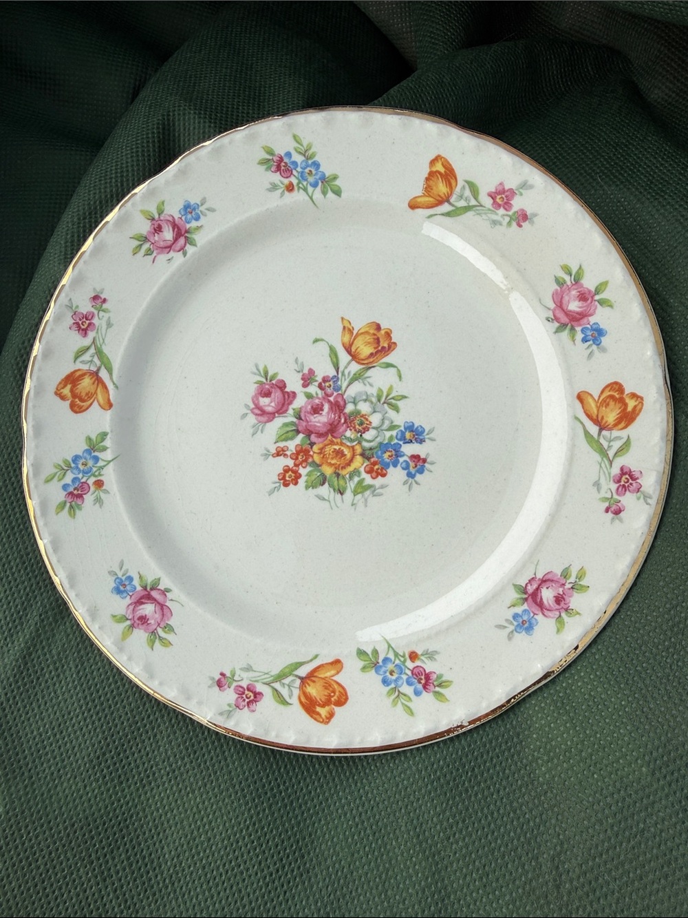 Floral Porcelain Dinner Plate in White with Pink & Orange Blooms